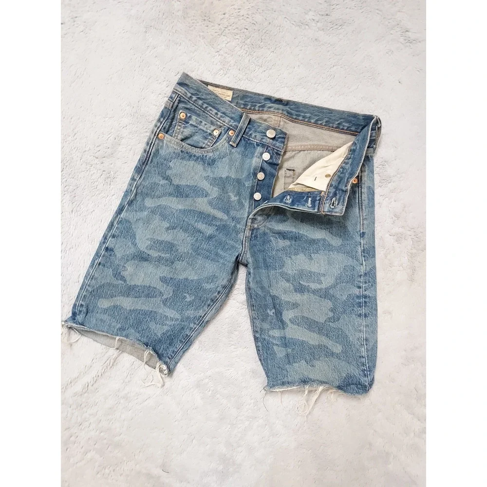 Levis 501 Shorts Mens 29 Premium Denim Camo Print Blue Button Fly Frayed Hem